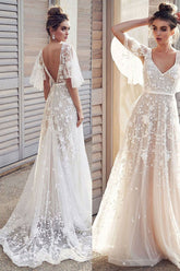 Ivory V Neck Beach Wedding Dresses with Lace Appliques, Bridal Dresses